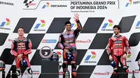 Kemenangan ini membuat Jorge Martin kian kokoh di posisi teratas klasemen MotoGP 2024 dengan 366 poin. (SONNY TUMBELAKA/AFP)