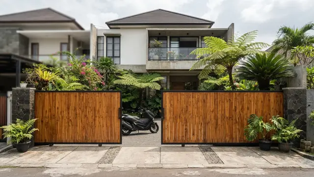 Model Pagar dengan Gerbang Kayu yang Terlihat Natural