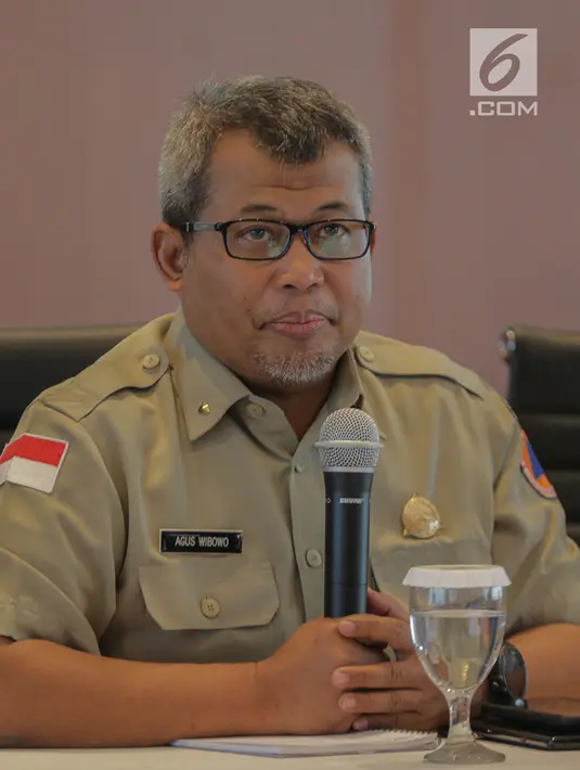 Plh Kepala Pusat Data, Informasi, dan Humas BNPB Agus Wibowo memberi keterangan terkait kebakaran hutan dan lahan (karhutla) Sumatra dan Kalimantan di Gedung BNPB, Jakarta, Senin (23/9/2019). BNPB menggandeng Dewan Masjid Indonesia (DMI) untuk mengatasi karhutla. (Liputan6.com/Faizal Fanani)
