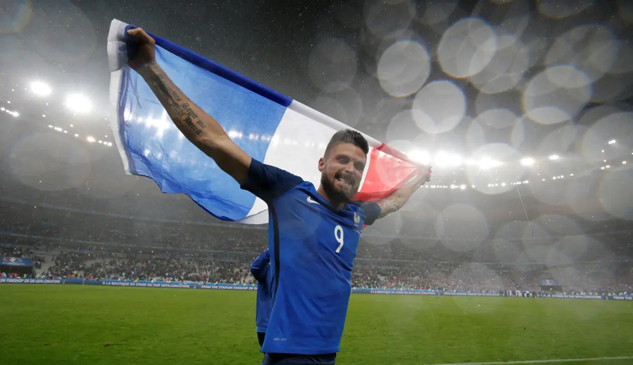 Striker Prancis, Olivier Giroud, merayakan kemenangan 5-2 atas Islandia pada laga perempat final Piala Eropa 2016 di Stade de France, Paris, Senin (4/7/2016) dini hari WIB. (Reuters/Christian Hartmann)
