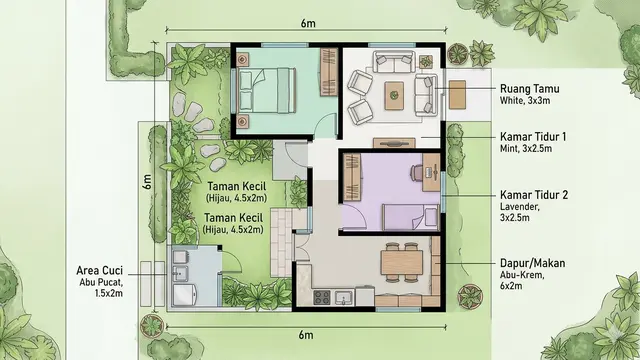 Contoh Rumah Kampung Kekinian 6x6 2 Kamar dengan Dapur Terbuka. Gemini