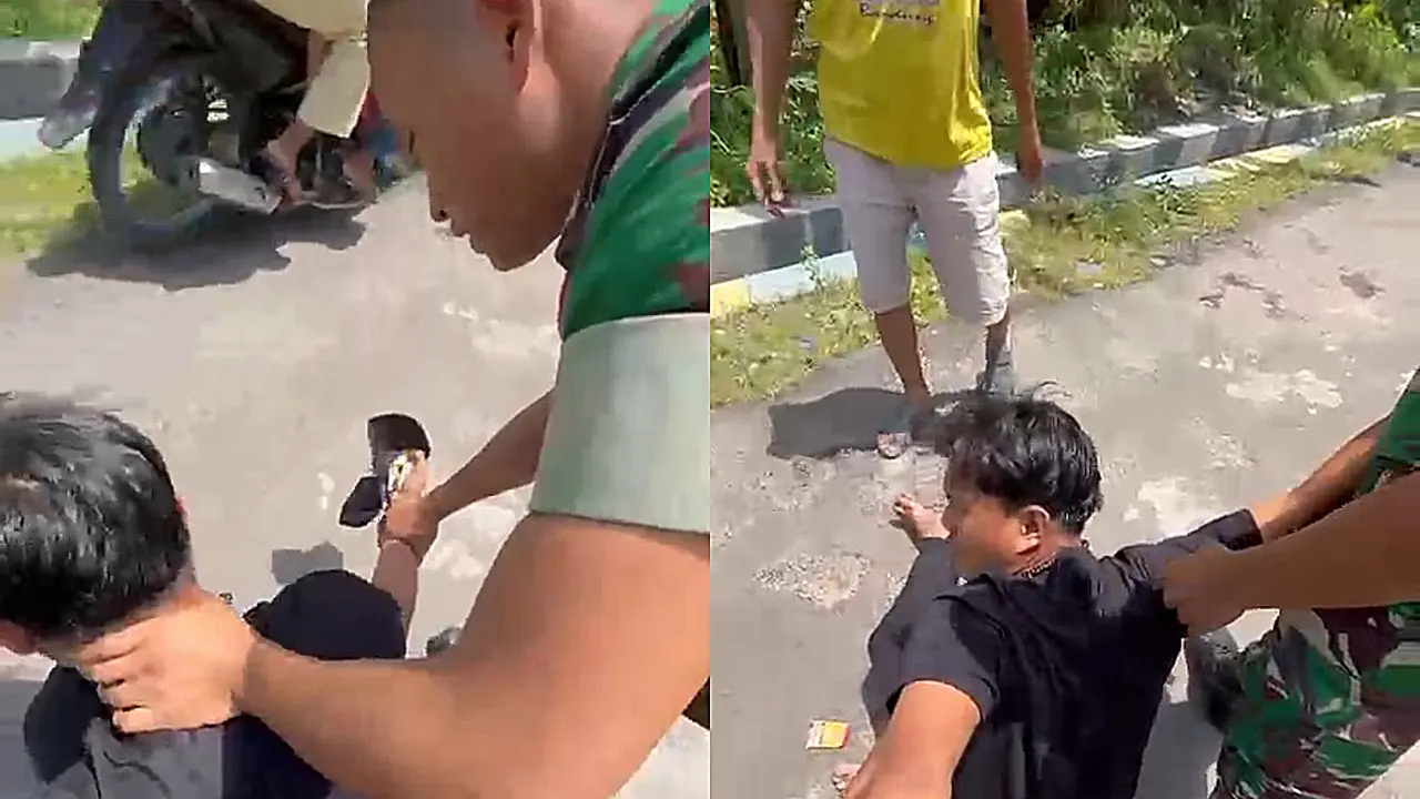 Tangkapan layar rekaman video saat dua prajurit TNI mengamankan jambret di Lampung Tengah