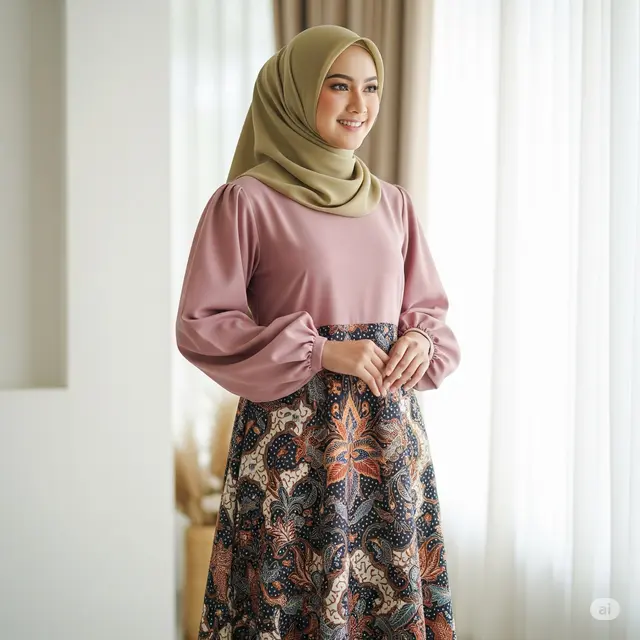 Dress Batik Kombinasi Lengan Balon