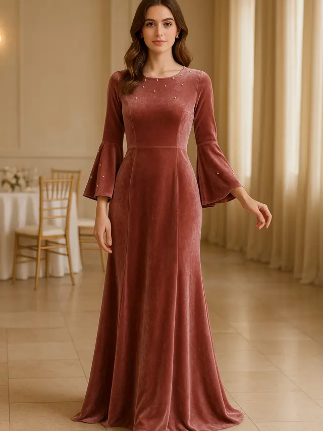 Long Dress Lengan Flare Bahan Velvet
