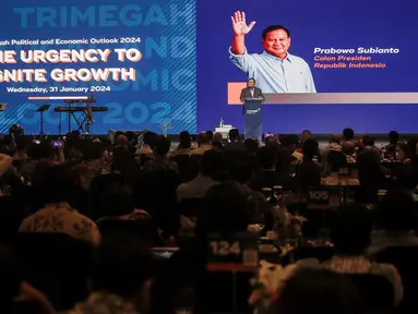 Calon Presiden (Capres) nomor urut 2, Prabowo Subianto memberikan paparan dalam acara Trimegah Political and Economic Outlook 2024 di Jakarta, Rabu, (31/1/2024). (Liputan6.com/Angga Yuniar)