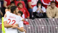 Pemain Spanyol Pablo Sarabia merayakan golnya ke gawang Swiss pada pertandingan sepak bola UEFA Nations League di Stadion Stade de Geneve, Jenewa, Swiss, 9 Juni 2022. Spanyol menang 1-0. (Laurent GillieronKeystone via AP)