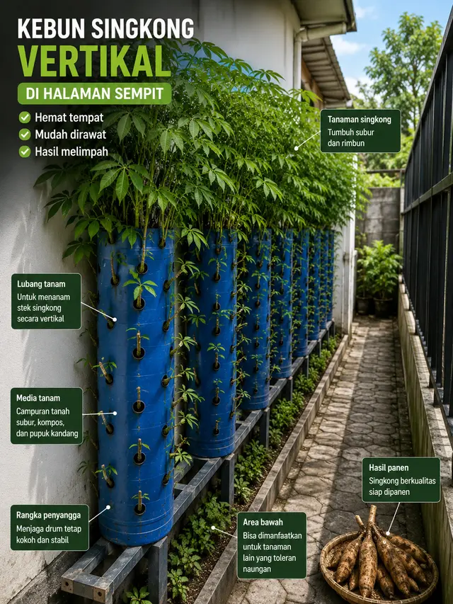 Cara Membuat Kebun Singkong Vertikal di Halaman Sempit (AI)