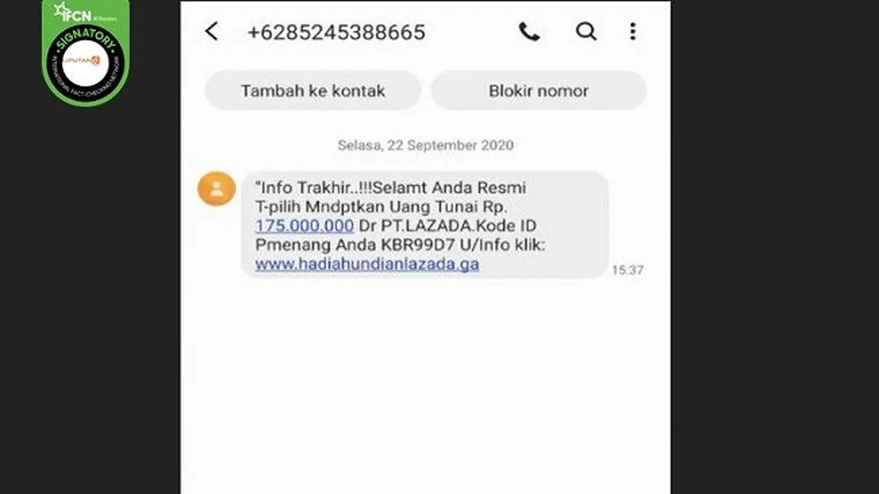 Gambar Tangkapan Layar SMS Penipuan Mencatut Lazada