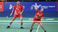 Ganda campuran indonesia Praveen Jordan / Melati Daeva Oktavianti lolos ke babak kedua Korea Terbuka 2019 yang berlangsung di Incheon Airport Skydome, Korea. (foto: PBSI)