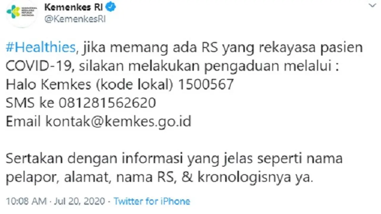 Tangkapan Layar Twitter Kemenkes