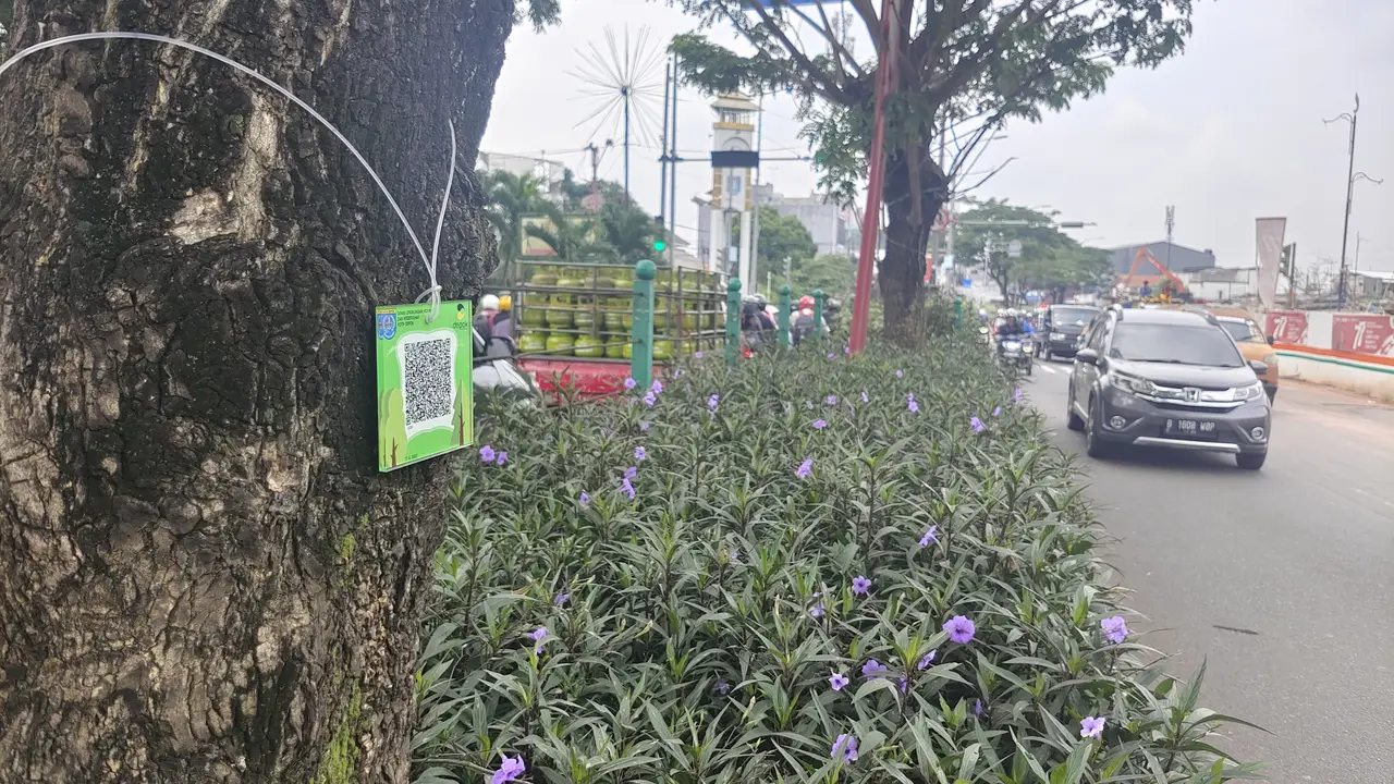 Salah satu pohon yang telah terpasang barcode di Jalan Raya Margonda, Kota Depok. (Liputan6.com/Dicky Agung Prihanto)