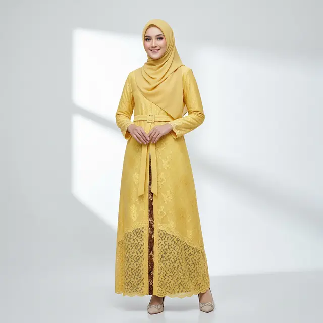 Model Gamis Batik Brokat Soft Yellow Terbaru untuk Ramadan 2026