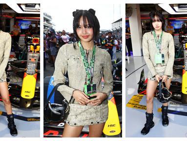 Foto kolase gaya Lisa Blackpink saat berfoto dengan mobil Red Bull Racing milik Max Verstappen saat Formula 1 GP Miami 2024 di Miami International Autodrome, Flordia, Amerika Serikat, Minggu (05/05/2024). (AFP/Getty Images/Mark Thompson)