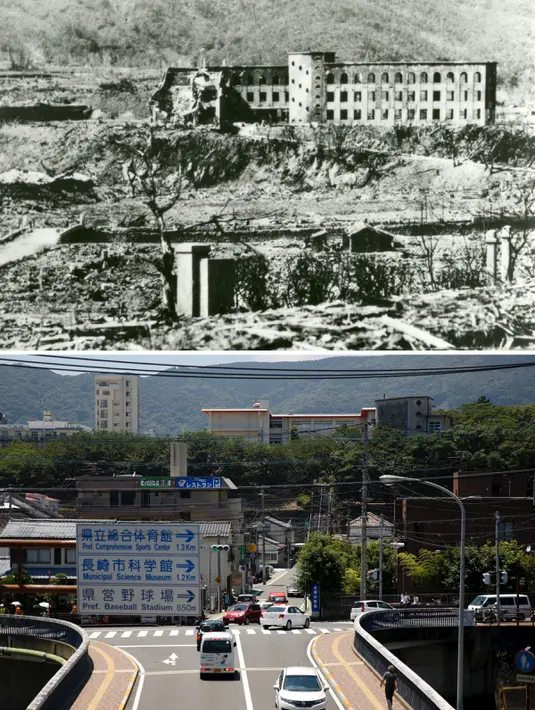 Gambar menunjukkan reruntuhan Sekolah Nasional Shiroyama (atas), Jepang  pada oktober 1945 yang hancur oleh bom atom Nagasaki pada 9 Agustus 1945 di Jepang. (REUTERS/Shigeo Hayashi/Nagasaki Atomic Bomb Museum /Handout via Reuters /Issei Kato)