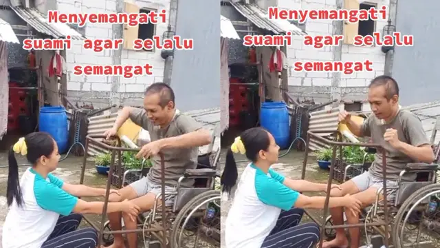 Seorang istri merawat suami yang sakit duduk di kursi roda.