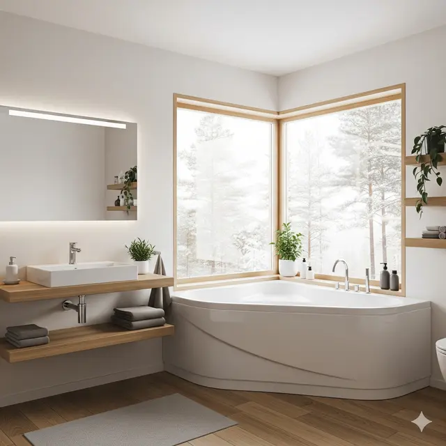 Desain Kamar Mandi dengan Bathtub Sudut