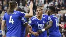 Gol kemenangan Leicester City dicetak oleh Youri Tielemans, Caglar Soyuncu, James Vardy dan Patson Daka. (AP/Rui Vieira)