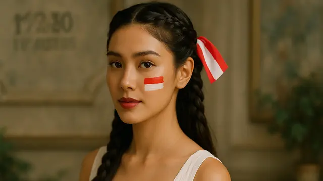 Model Rambut Kepang 2 dengan Aksesori Merah Putih di Wajah