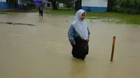 Banjir terjadi disebabkan meluapnya Sungai Cilemer, Cisanggoma dan Sungai Ciliman, Banten. (Liputan6.com/Yandhi Deslatama)
