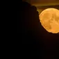 Bulan super purnama, muncul di balik gunung di Pegunungan Alpen Swiss, terlihat dari Chexbres, Swiss barat, Rabu (13/7/2022). Bulan Purnama dikenal sebagai Buck Moon dan juga Supermoon. Di kondisi ini Bulan akan terlihat tampak lebih besar dan terang sehingga terasa sangat dekat dari Bumi. (Fabrice COFFRINI / AFP)