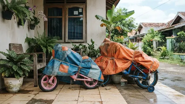 Ide pemanfaatan terpal bekas menjadi pelindung sepeda anak di rumah