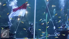 Penyelam melaksanakan prosesi pengibaran bendera di akuarium utama SeaWorld Ancol, Jakarta, Rabu (17/8). Kegiatan tersebut diadakan dalam rangka memperingati HUT RI ke-71. (Liputan6.com/Immanuel Antonius)