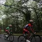 Para pebalap melewati kawasan hutan Rimbo Panti dalam Etape 7 Tour de Singkarak 2015 antara Pasaman-Pasaman Barat, Jumat (9/10/2015). (Bola.com/Arief Bagus)