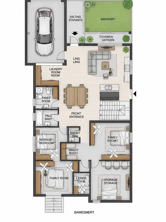 Contoh Rumah Kecil 7x12 dengan Garasi dan Taman Belakang