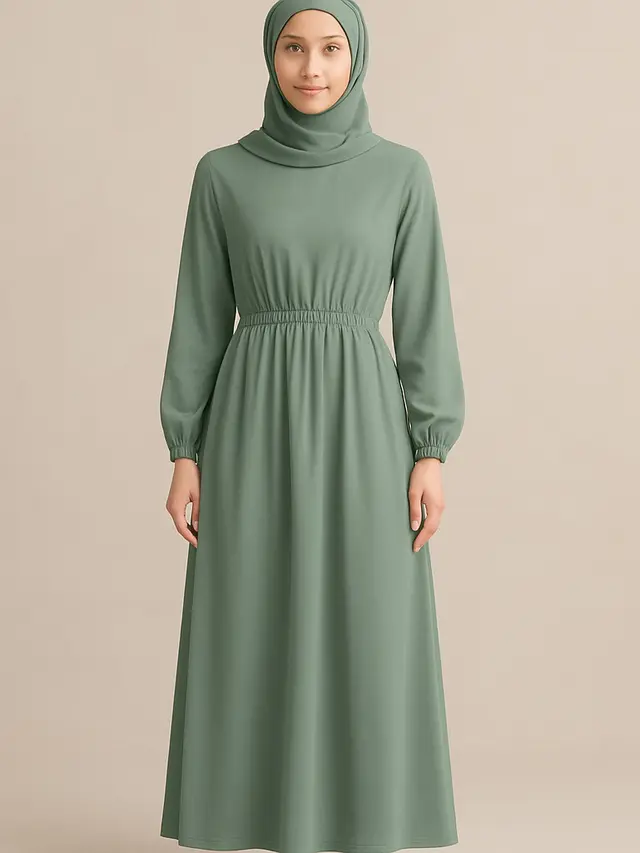 Gamis Polos dengan Aksen Kerut di Pinggang (image by chatgpt)