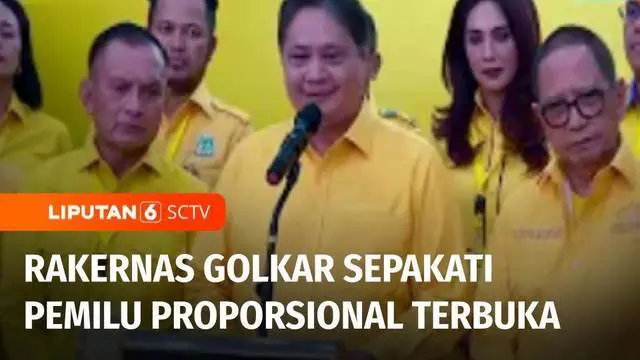 Rakernas Partai Golkar menyepakati sistem pemilu proporsional terbuka yang saat ini tengah digugat di Mahkamah Konstitusi. Sebanyak 38 DPD Partai Golkar juga menyepakati keputusan rakernas, salah satunya, memberikan mandat kepada Ketua Umum Airlangga...