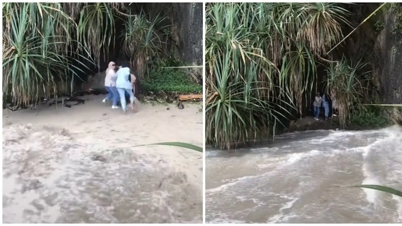 Asyik Berfoto di Pinggir Pantai, Momen Tiba-tiba Air Laut Naik Ini Bikin Panik