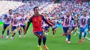 Pemain Spanyol Ferran Torres merayakan gol pertama mereka selama pertandingan final Piala Dunia sepak bola antara Spanyol dan Argentina di East Rutherford, N.J., dekat New York, Minggu, 19 Juli 2026. (AP Photo/Julio Cortez)