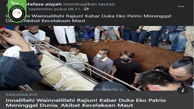 Gambar Tangkapan Layar Kabar Hoaks Artis Eko Patrio Meninggal Dunia pada 1 September 2021 (sumber: Facebook).