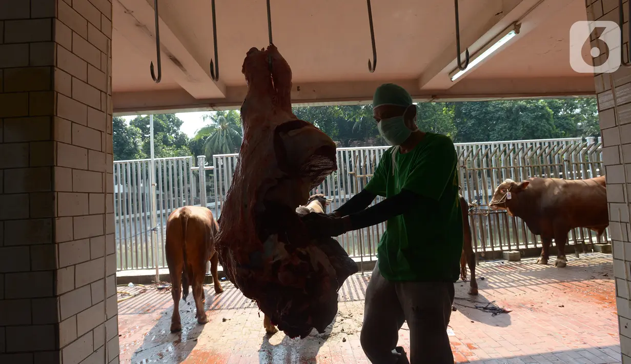Panitia memakai masker dan pelindung wajah saat memotong daging kurban di RPH Masjid Istiqlal, Jakarta, Sabtu (1/8/2020). Daging kurban ini nantinya akan diantarkan dari rumah ke rumah kepada penerima berdasarkan hasil survei pihak Masjid Istiqlal. (merdeka.com/Imam Buhori)