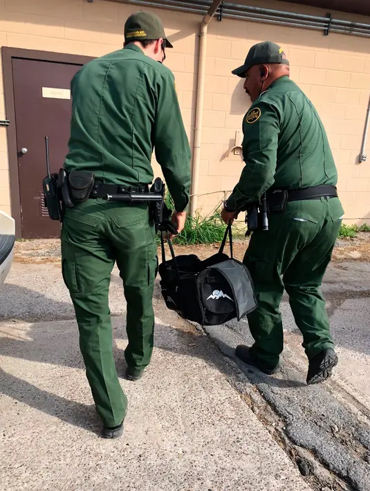 Agen patroli perbatasan Amerika Serikat membawa anak harimau di sebuah tas, yang disita di perbatasan Texas, menuju Kebun Binatang Gladys Porter, Brownsville, 30 April 2018. Anak harimau jantan itu ditemukan dalam keadaan tidak sadar di tas ransel. (AP)