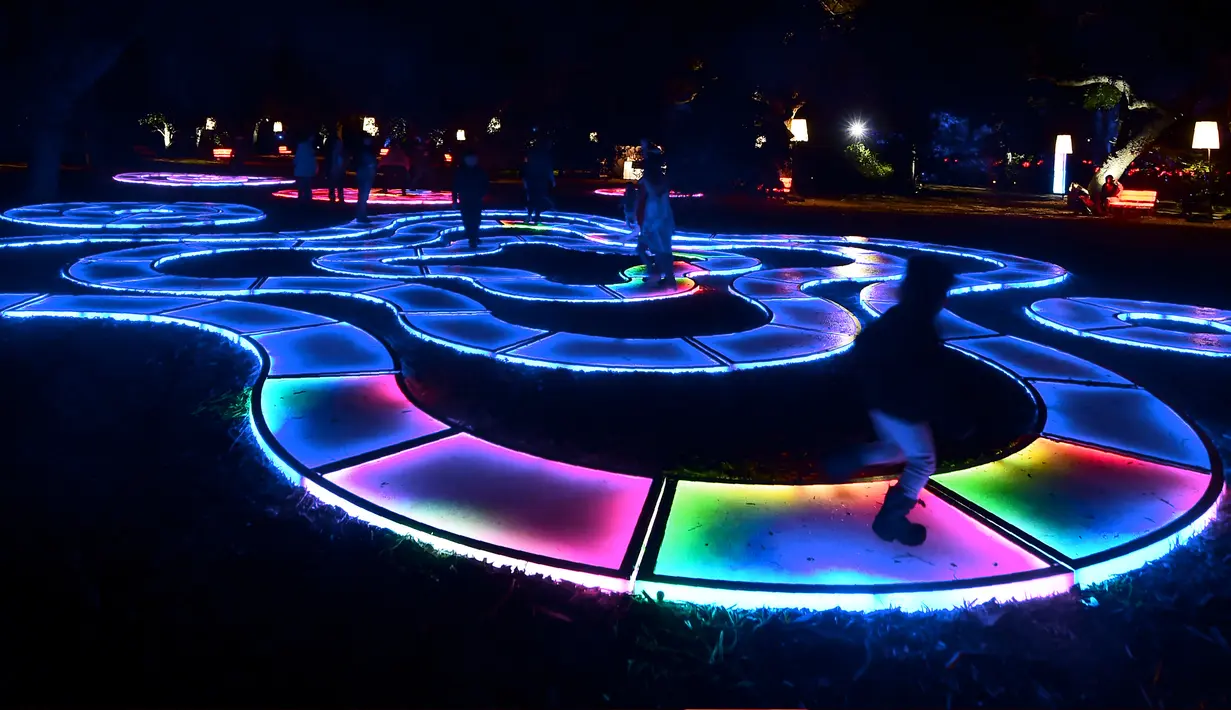 Anak-anak menikmati intalasi rumput "Hutan Bercahaya" di Taman Descanso, Los Angeles, Senin (17/12). Pengunjung bisa melihat atraktif lampu dan karya seni ilumnasi dengan cahaya di taman tersebut. (Frederic J. BROWN / AFP)