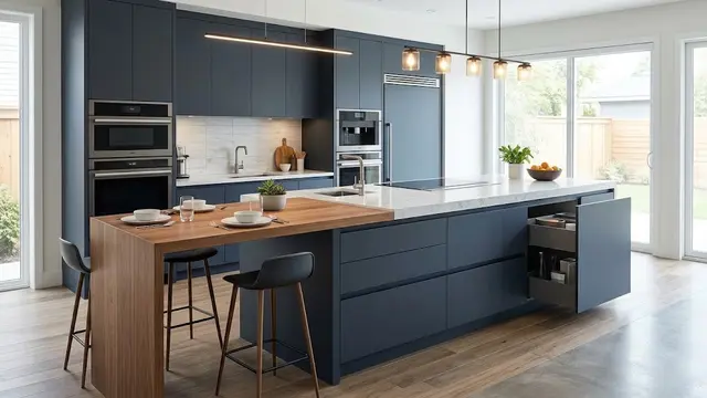 Desain Dapur dengan Meja Sarapan Menyatu pada Ujung Kitchen Island