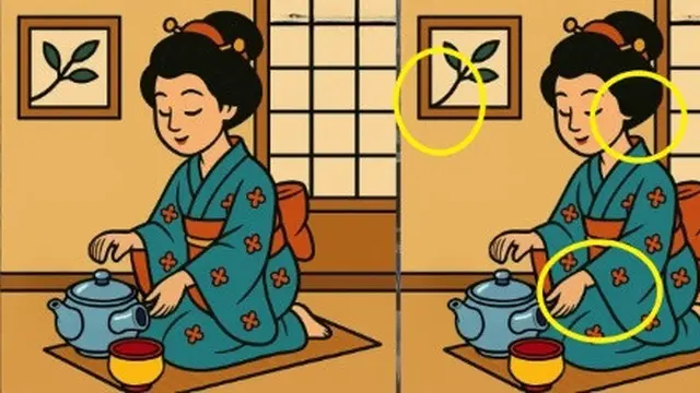 Temukan 3 Perbedaan dalam Gambar Wanita Menyajikan Teh