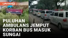 Deretan ambulans menjemput para korban tragedi bus dari Tangerang Selatan masuk ke sungai di Tegal, Minggu (7/5/2023). Diketahui korban merupakan anggota Pengajian Masjid Baitul Hanif di Kayu Gede, Pakujaya, Serpong Utara, Tangerang Selatan.