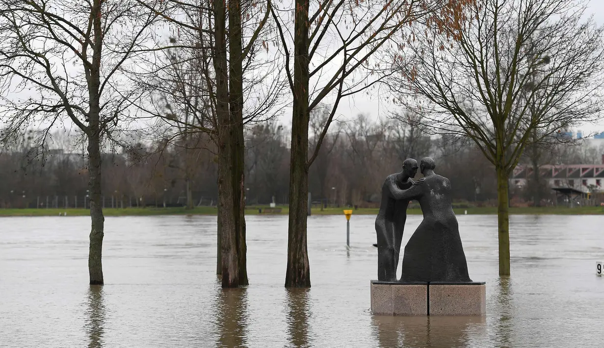Patung yang terendam banjir setelah sungai Rhine meluap di Kehl di perbatasan Prancis-Jerman (23/1). Sungai Rhine mengancam akan meluap ke Seine dan memaksa pihak berwenang Paris untuk menghentikan layanan kereta. (AFP Photo/Frederick Florin)