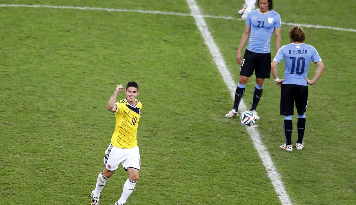 Meski baru berusia 22 tahun, James Rodriguez, tampil cemerlang dan berbahaya di ajang Piala Dunia 2014, (29/6/2014). (REUTERS/Ricardo Moraes)