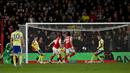The Gunners yang tertinggal satu gol pada menit ke-35, awalnya berhasil menyamakan lewat Viktor Gyokeres pada babak kedua. (AFP/Glyn Kirk)