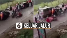 Pengendara motor modif terjungkal ke jalan dan pengendara motor yang keluar jalur langsung kabur.