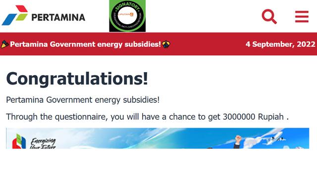 Tangkap layar klaim Pertamina bagikan subsidi energi dari pemerintah sebesar Rp 3 juta pada 4 September 2022
