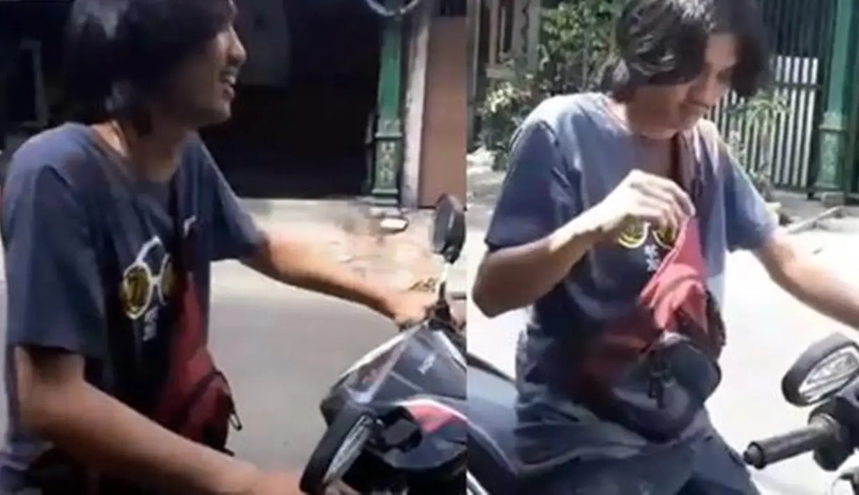 Saat tak manggung dan sedang berada di daerah rumah, Duta tampil santai apa adanya. Ia hanya mengenakan kaus dan berkendara pakai sepeda motor. Momen Duta difoto diam-diam saat naik motor ini sempat viral di medsos. (Liputan6.com/IG/enisheila)