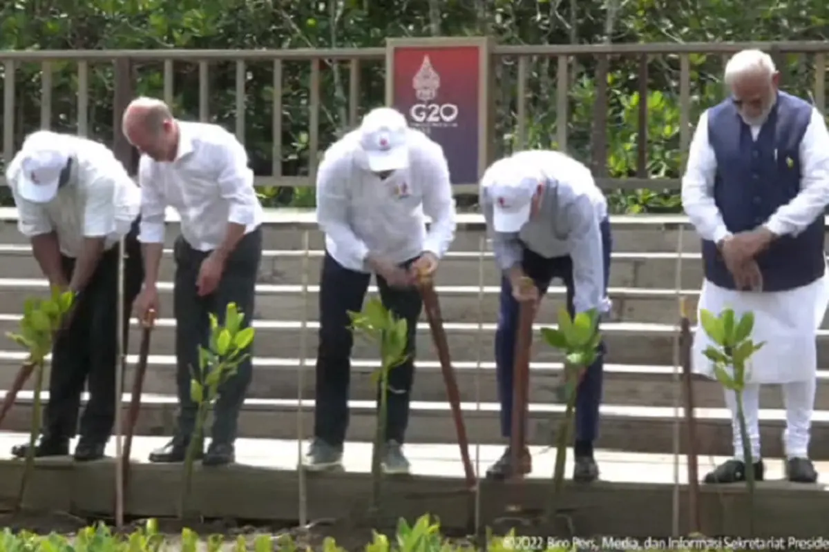 Pada kunjungan pemimpin G20 ke Taman Hutan Raya, Bali para kepala negara diberi kesempatan untuk menanam mangrove (Sekretariat Presiden)