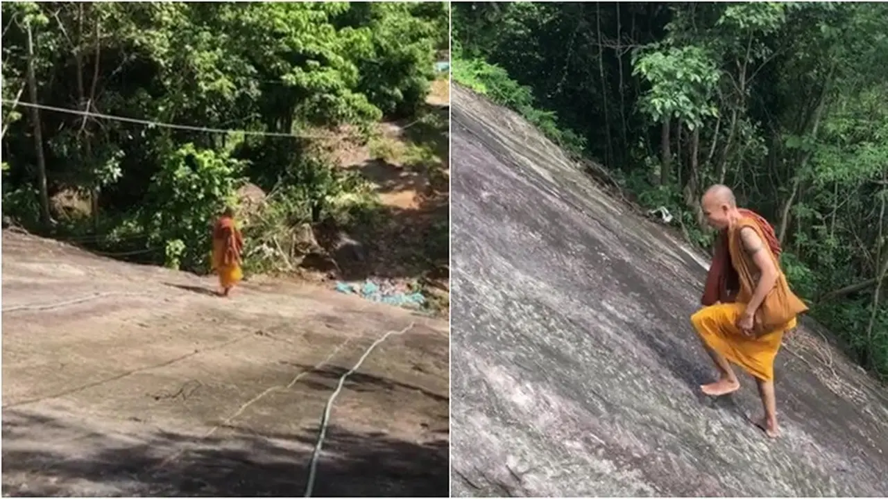 Viral Video Biksu Naik dan Turun Tebing Tanpa Alat Pengaman