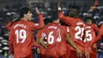 Pemain Real Madrid, Alvaro Odriozola dan Vinicius Junior melakukan selebrasi usai membobol gawang UD Melilla pada laga Copa del Rey di Stadion Alvarez Claro, Melilla, Rabu (31/10/2018). Real Madrid menangan 4-0 atas UD Melilla. (AP/Javier Gandul)