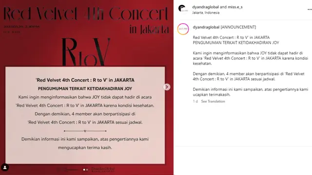 Konfirmasi promotor terkait ketidakhadiran Joy Red Velvet di Konser R to V in Jakarta