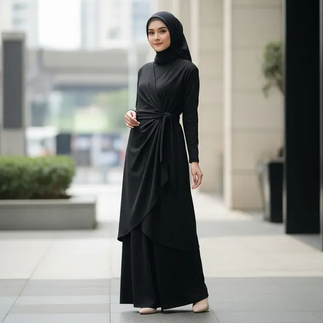 Model Gamis Terbaru Hitam Kombinasi Belt